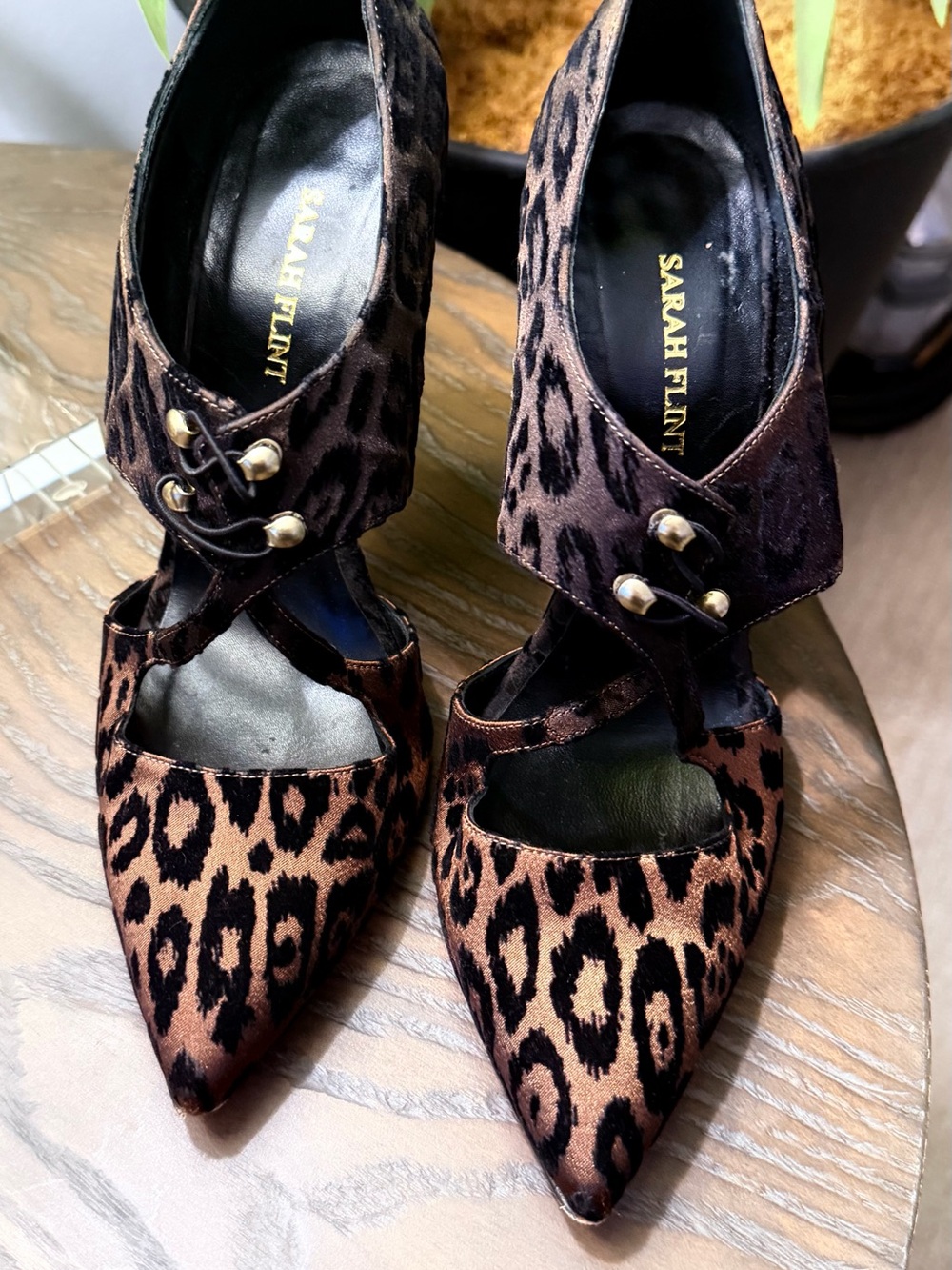 Sarah Flint Leopard Print Pointed Toe Heels in Brown and Black
